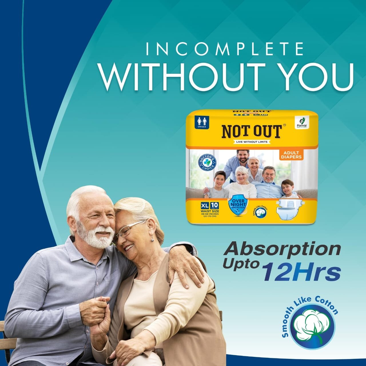 NOT OUT Overnight Protection 3D Core Odour Control Upto 12-Hour Absorption Adult Diapers-10 Pcs/Pack